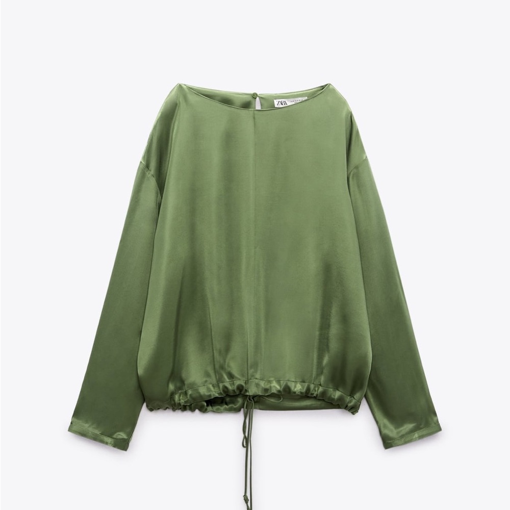 Zara Beautiful Green, Satin Effect Top w/ Drawstring. NWOT